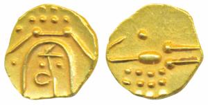 Marathas, Tanjavore, Venkoji, Gold Fanam, 0.4g, ‘Kali’ design with letter ’Ve’ on obv., st