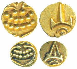 Marathas, Tanjavore, Venkoji, Gold Fanam (2), both 0.37g, obv. Katar, rev. degenerate Kali