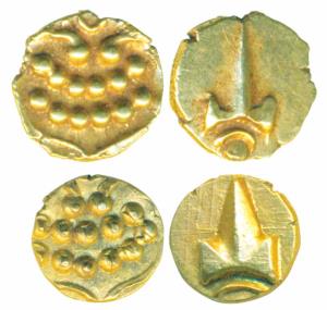 Marathas, Tanjavore, Venkoji, Gold Fanam (2), 0.36g & 0.37g, obv. Katar, rev. degenerate K