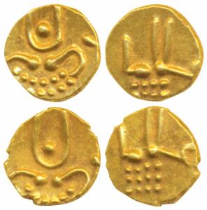 Vira Raya, Coorg, Gold Fanam (2), 0.41g & 0.42g, obv. stylized lion standing right with cr