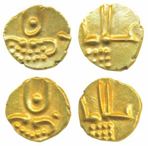 Vira Raya, Coorg, Gold Fanam (2), each 0.38g, obv. stylized lion standing right with cresc