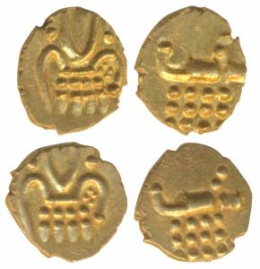 Vira Raya, Coorg, Gold Fanam (2), 0.37g & 0.38g, obv. stylized lion standing right with cr