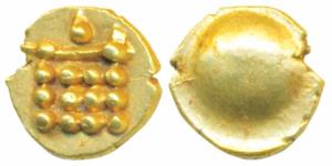 Kunigal, Gold Fanam, 0.36g, obv. geometric symbol made of dots, rev. globule. Extremely Fi