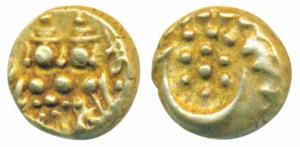 Haider Ali, Gold Fanam, 0.38g, obv. Shiva and Parvati, rev. Persian letter ‘He’ on a granu