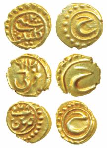 Tipu Sultan, Gold Fanam (3), 0.37, 0.37 & 0.38g, Pattan, Kalikut and Farukhi Mint, AM 1197