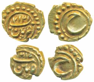 Tipu Sultan, Gold Fanam (2), both 0.38g, Patan Mint, both AM 1217, the first regular and t