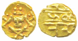 Krishna Raja Wodeyar, Gold Fanam, 0.38g, obv. seated Narasimha, rev. Kanarese legend Kanth