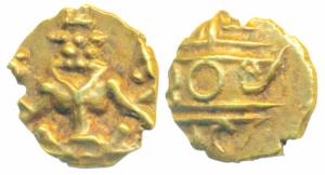 Krishna Raja Wodeyar, Gold Fanam, 0.38g, obv. seated Narasimha, rev. Kanarese legend Kanth