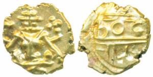 Krishna Raja Wodeyar, Gold Fanam, 0.39g, obv. seated Narasimha, rev. Kanarese legend Kanth