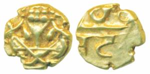 Krishna Raja Wodeyar, Gold Fanam, 0.36g, obv. seated Narasimha, rev. Kanarese legend Kanth