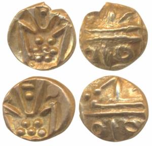 Coromandel Coast, Gold Fanam (2), 0.33g & 0.35g, obv. degenerate Kali, rev. corrupt legend