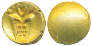 Coromandel Coast, Tuticorin Gold Fanam, 0.36g, obv. degenerate Kali with a trident to righ