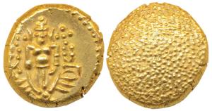 Negapatnam, Gold Pagoda, 3.35g, obv. Lazy J with Lord Vishnu standing, facing front, rev. 