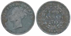 Victoria Queen, Silver 2 Annas, 1841, continuous legend, Bombay Mint, English Head, No ini