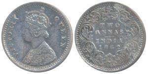 Victoria Queen, Silver 2 Annas, 1862, Calcutta Mint, No mint mark. About Extremely Fine.