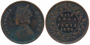 Victoria Queen, Copper ½ Anna, 1876, Calcutta Mint, Bust B, 4 panels to the jabot with tin