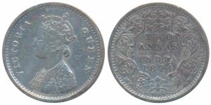 Victoria Queen, Silver 2 Annas, 1874, Bombay Mint, A / I / No mint mark, (Prid 516). Very 