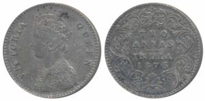 Victoria Queen, Silver 2 Annas, 1875, Calcutta Mint, A / I / No mint mark (Prid 489). Abou