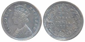 Victoria Empress, Silver 2 Annas, 1878, Calcutta Mint, B / II / No mint mark (Prid 493). V