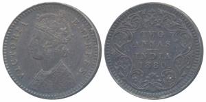 Victoria Empress, Silver 2 Annas, 1880, Calcutta Mint, B / II / C incuse, (Prid 495). Abou
