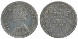 Victoria Empress, Silver 2 Annas, 1881, Bombay Mint, A / II / dot (Prid 523). Very Fine+.