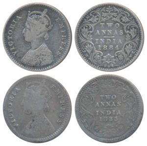 Victoria Empress, Silver 2 Annas, 1883, Calcutta Mint, B / II / C incuse, (Prid 498); 1884