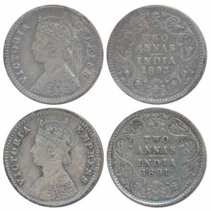 Victoria Empress, Silver 2 Annas, 1891, Bombay Mint, B / II / B incuse (Prid 546); 1893, B