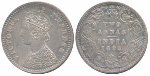 Victoria Empress, Silver 2 Annas 1892, Bombay Mint, B / II / B incuse, (Prid 547). About E