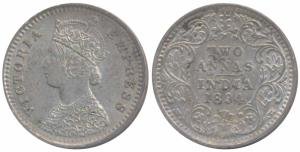 Victoria Empress, Silver 2 Annas, 1894, Bombay Mint, B / II / B incuse, (Prid 548). Extrem
