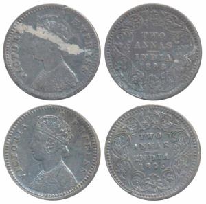 Victoria Empress, Silver 2 Annas, 1895, Calcutta Mint, B / II / C incuse (Prid 510); 1896,