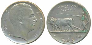 Albania, Amet Zogu, Silver 5 Francs, 23g, 1927, Prova (Proof marked on rev). Scattered ver