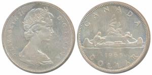 Canada, Elizabeth II, Silver 1 Dollar, 23.33g, 1965. About Uncirculated.