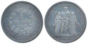 France, Third Republic, Silver 5 Francs, 24.96g, obv. Hercules standing facing between Lib