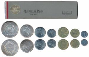 France, set of 7 coins, Silver 10 & 5 Francs; Nickel 1 & ½ Franc; 20, 10 & 1 Centimes, 196