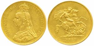 Great Britain, Victoria, Gold 5 Pounds, 40g, 1887, Jubilee head, St. George slaying a drag