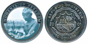 Liberia, Copper Nickel $10, Mahatma Gandhi, 2001, coloured coin. In plastic case of issue,