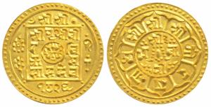 Nepal, Prithvi Bir Bikrama (SE 1803-1833, 1881-1911 AD), Gold Mohar, 5.54g, SE 1826 (1904 