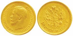 Russia, Czar Nicholas II, Gold 10 Roubles, 8.6g, 1899, St. Petersburg Mint (KM Y62). Very 