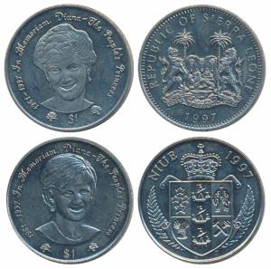 Sierra Leone, Copper Nickel 1 Dollar, 1997, Diana The Peoples’ Princess, (KM 71); Niue, Co
