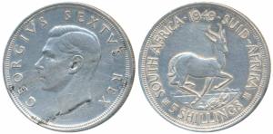 South Africa, George VI, Silver 5 Shillings, 28.28g, .800 fine, 1949 (KM 40.1). Very Fine.