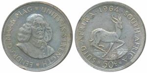 South Africa, Silver 50 Cents, 28.28g, .500 fine, Unity is strength, 1964(KM 62). Few edge