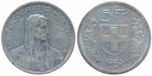 Switzerland, Silver 5 Francs, Bern Mint, 1923 (KM 37). Very Fine, Rare.