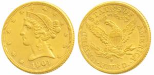 United States of America, Gold $ 5, 8.32g, 1901, Liberty head on obv., motto above eagle o