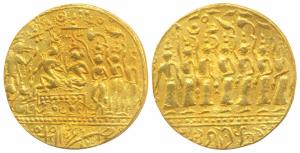 Ram Tanka, Gold Temple Token, 12.02g, obv. Ram Durbar - Ram and Sita seated under a chatra