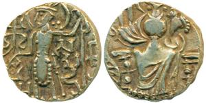 Later Kushana, Gadakhara-Samudra, Base Gold Dinara, 7.61g, obv. king nimbate standing left