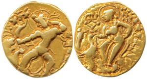 Guptas, Kumaragupta I (c. 414-455 AD), Gold Dinar, 7.98g, Tiger-Slayer type, obv. king sta
