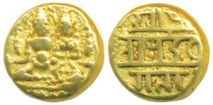 Vijayanagar Empire, Devaraya I, Gold Pagoda, 3.37g, obv. Shiva-Parvati seated, Siva holdin