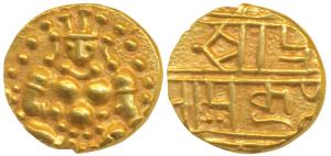 Nayakas of Chitradurga, Gold Durgi Pagoda or Hon, 3.3g, obv. Krishna as Bal Gopala, rev. D