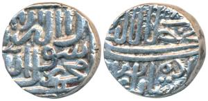 Akbar, Silver Tanka, 6.87g, Malwa issue, No Mint, AH 97X in top right corner, obv. Kalima 