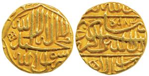 Akbar, Gold Mohur, 10.80g, Dar us-Sultanate Lahore Mint, AH 984, Kalima on obv., near comp